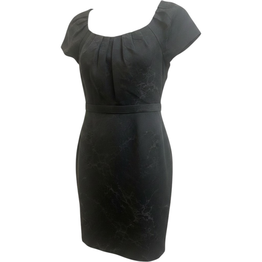 Elie Tahari Black Jacquard Pleated Scoop Neck Sheath Dress Size 0 Cap Sleeve